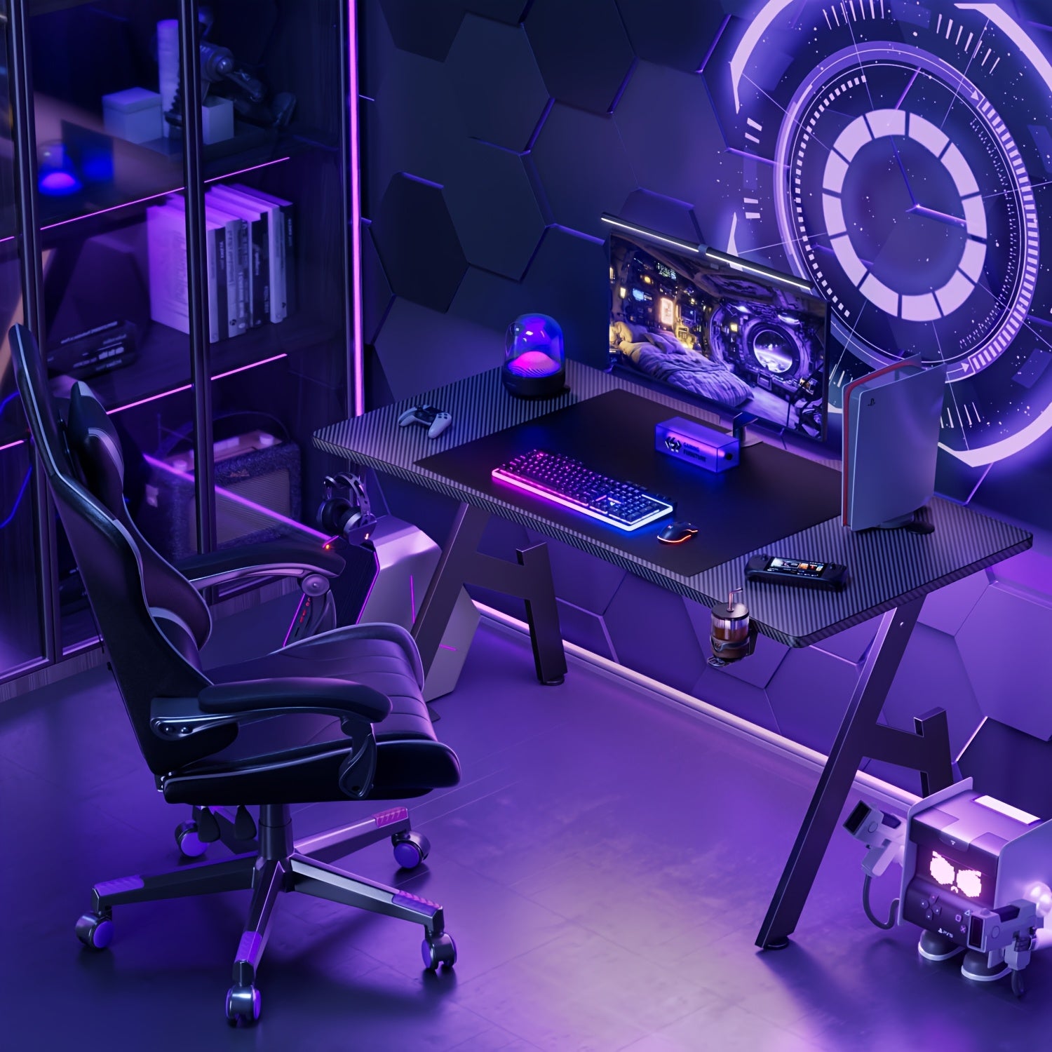 Escritorio de oficina con patas en forma de A, con revestimiento de fibra de carbono, para videojuegos con gancho para auriculares y portavasos, el regalo perfecto para tu novio, ergonómico, de estudio, moderno y elegante.