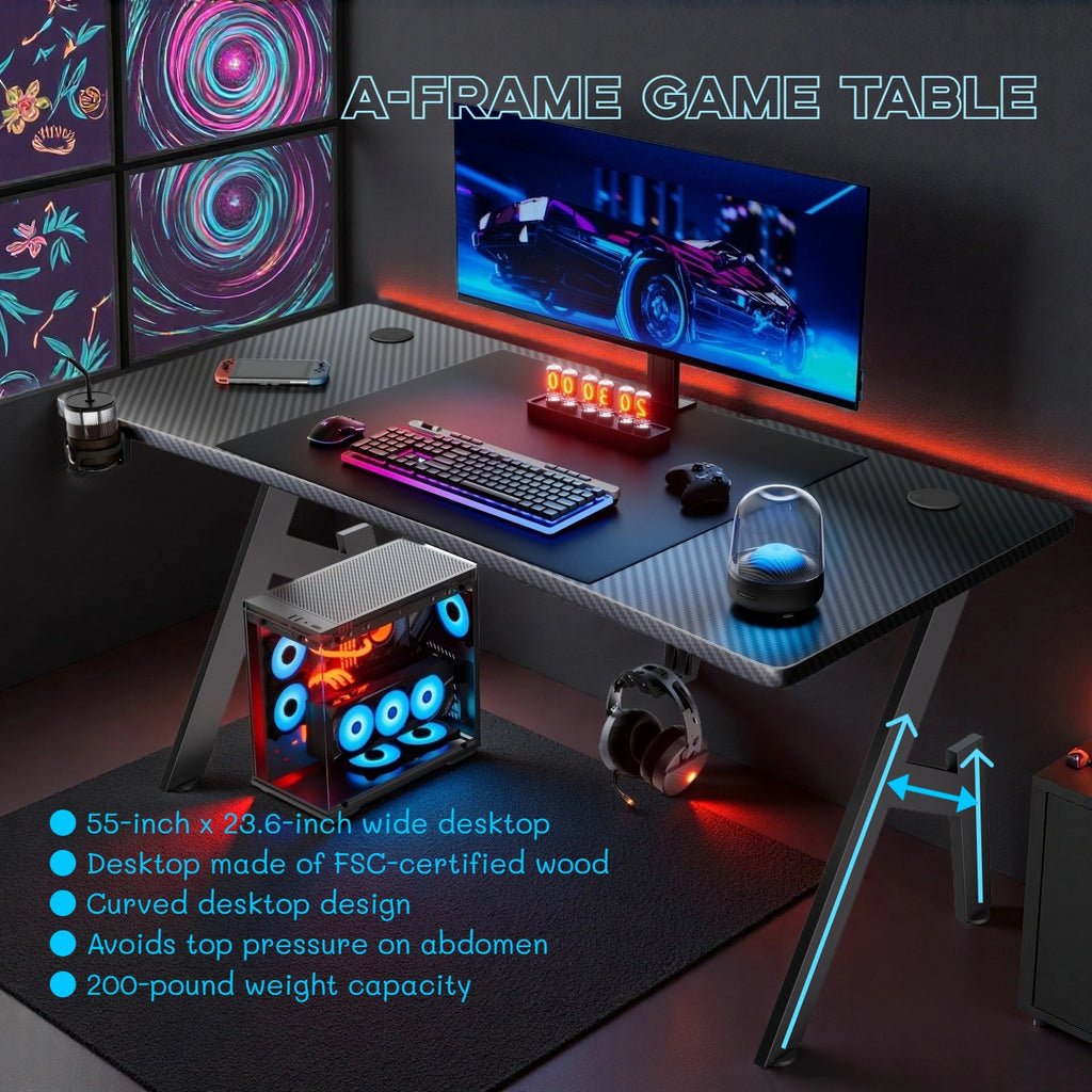 47-inch Large Gaming Desk with Cable Management System, Ergonomic Carbon Fiber Surface, Cup Holder, Headphone Hook & Mouse Pad - Heavy-Duty Metal Frame & Wood Back, Spacious Workstation for Home Office, PC Gaming, Esports Set