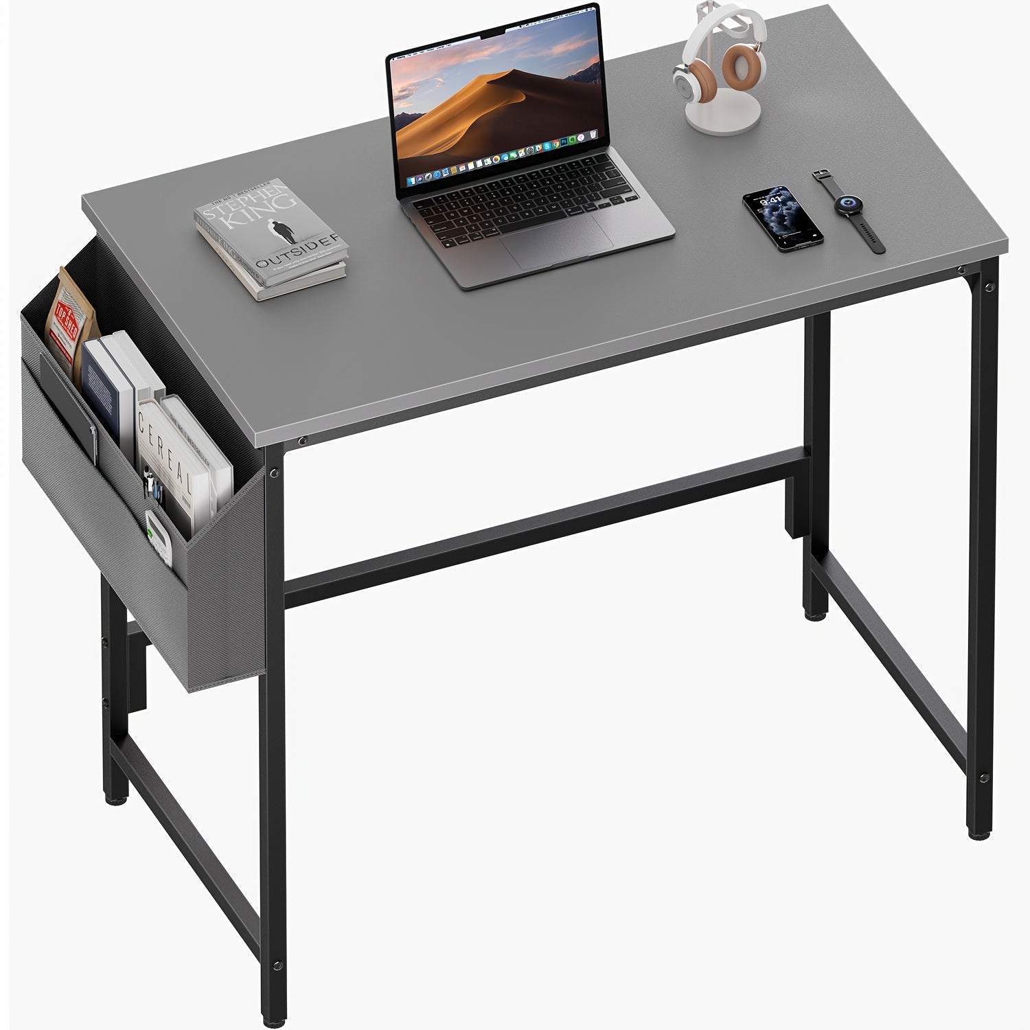 Escritorio de computadora moderno y compacto de 32/40 pulgadas con reposapiés ajustables y bolsa de almacenamiento. Estación de trabajo independiente de madera, acabado pulido, compacto para el hogar y la oficina.