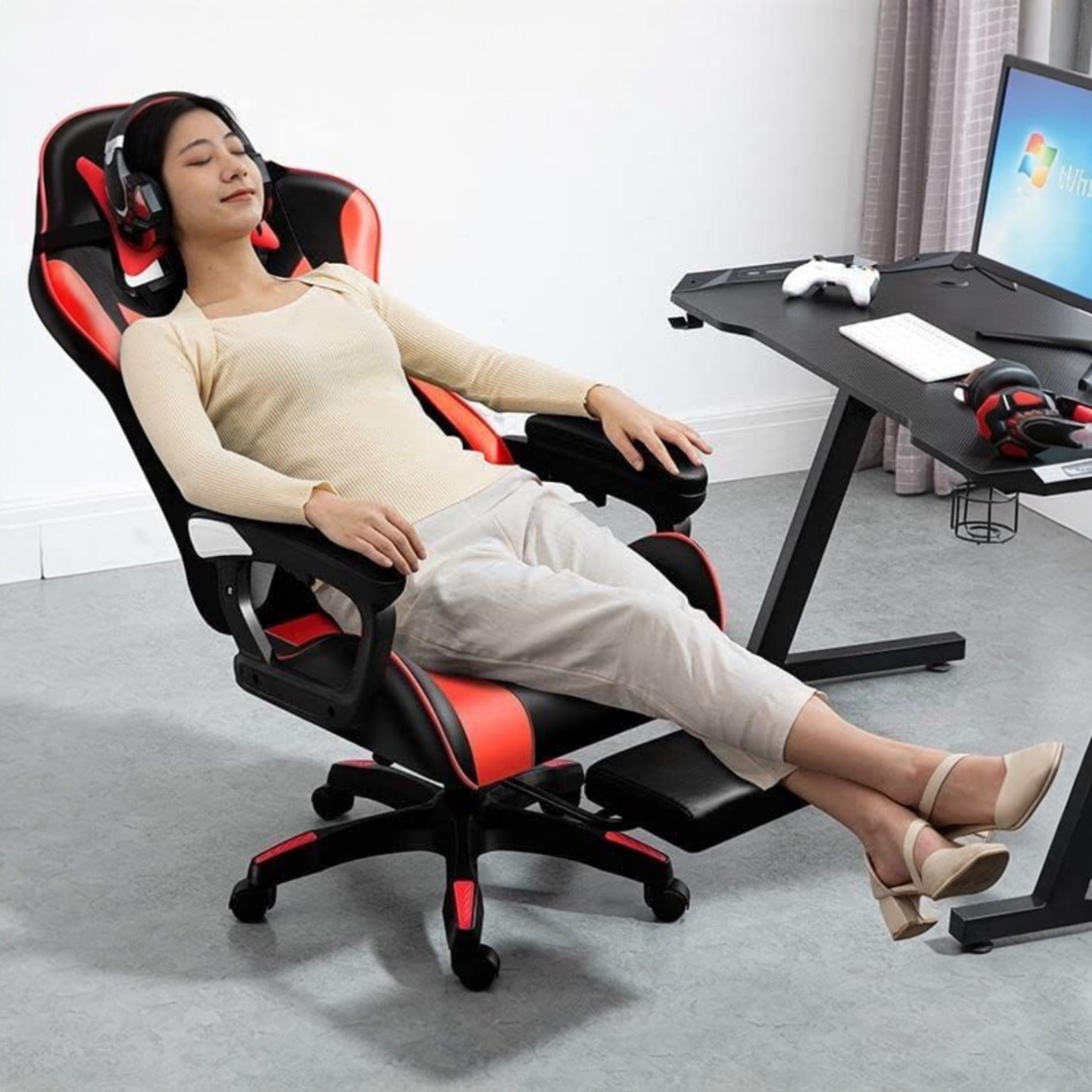 Silla gaming giratoria para escritorio, oficina y juegos en línea. Cómoda silla con altura ajustable para juegos ergonómicos. Cuero sintético. Silla gaming de carreras para videojuegos y oficina. Ergonómica y con un diseño moderno.