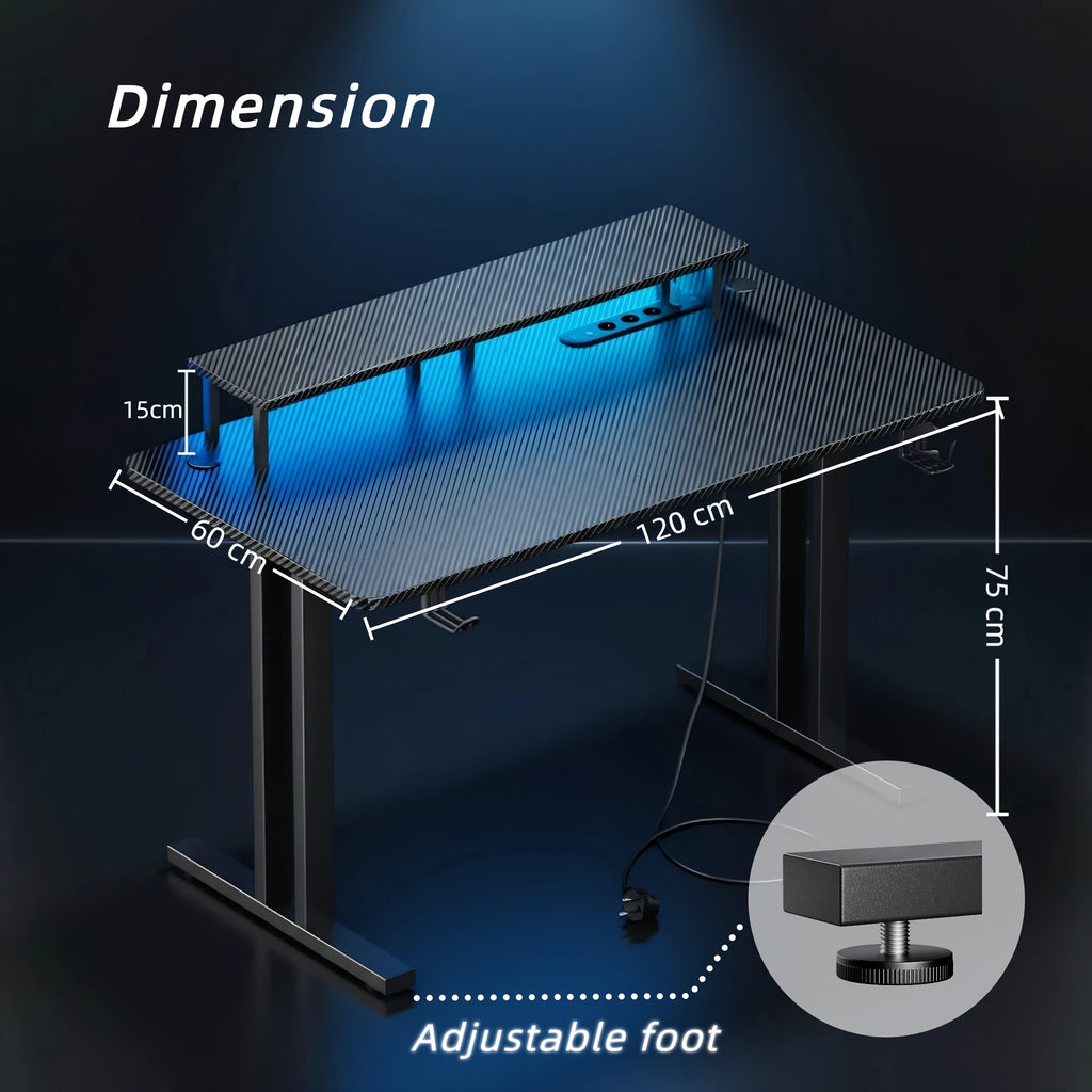 RGB LED Gaming Desk with Power Outlets And Monitor Stand, Ergonomic Computer Gaming Workstation, Large Carbon Fibre Tabletop Home Office Desk with Cup Holder And Headphone Hook, Black, Workstation Setup, Ergonomic Workspace,
