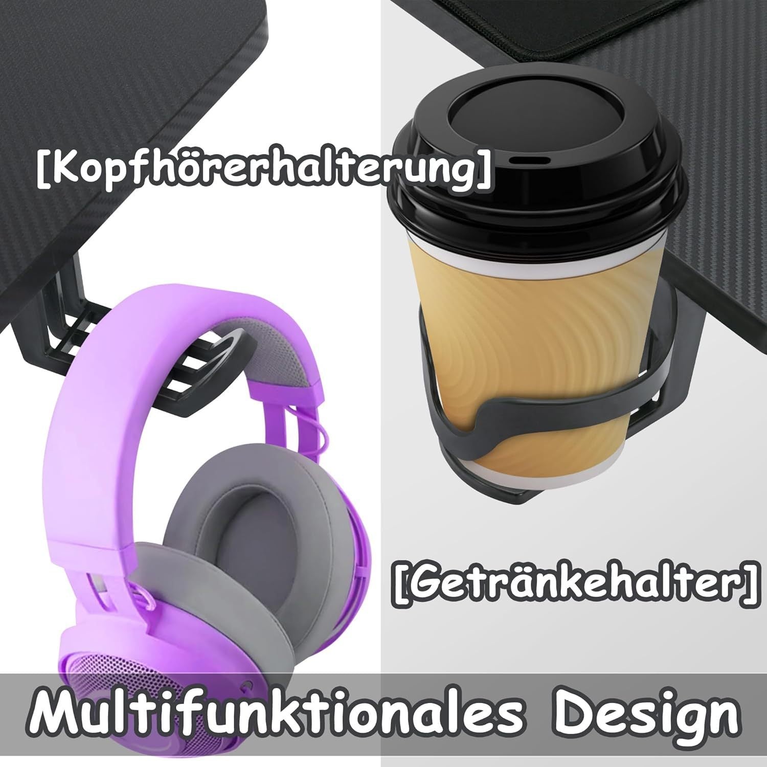 Ergonomic Height-Adjustable Gaming Desk with Carbon Fiber Surface, Cable Management Holes, Headphone Holder & Cup Cup Holder - Durable Plastic Computer Desk for PC Gamers & Home Office, Gaming Desk Accessories, Modern Gaming