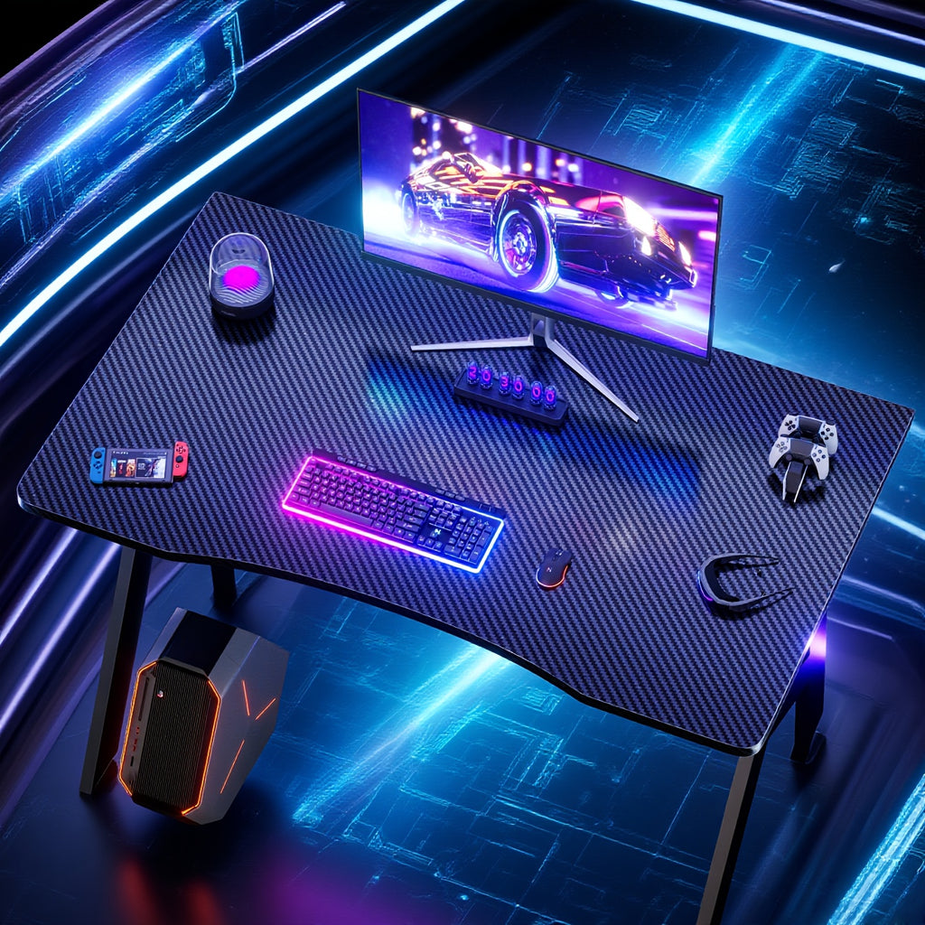 Furnishia 101.6 cm A-Shape Gaming Desk with Carbon Fiber Texture Desktop, Ergonomic Design & Adjustable Height - Spacious Computer Desk with Foot Pads, Sturdy A-Frame Construction for Home Office, Bedroom, Gaming Setup - Blac